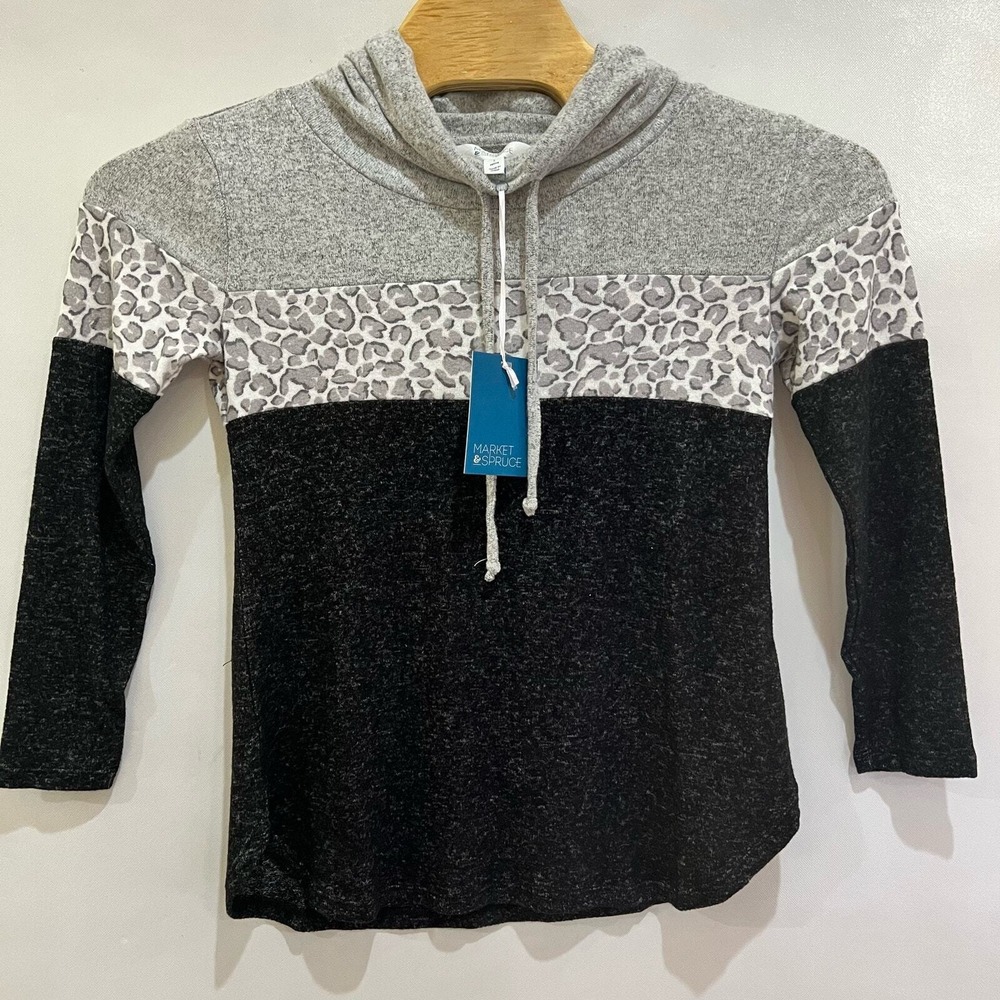 Market & Spruce Womens  Small Petite Pullover Gray Leopard Print Color Block Top